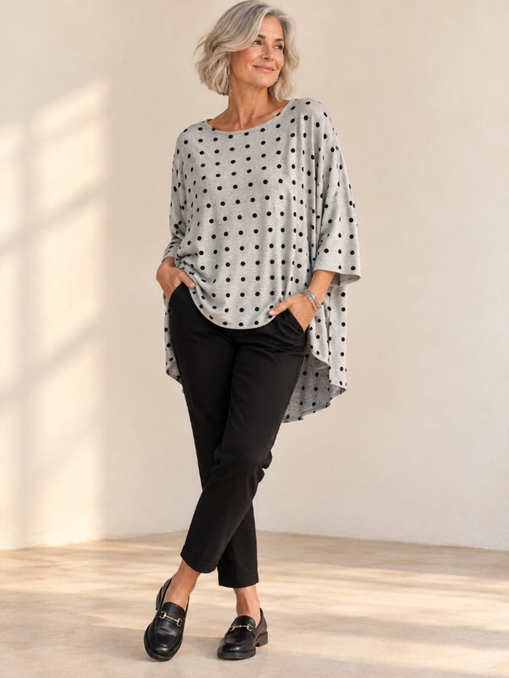 SHANNON PASSERO Grey Black Polka Dot Oversized Hi Low Tunic Top Lagenlook Chic L